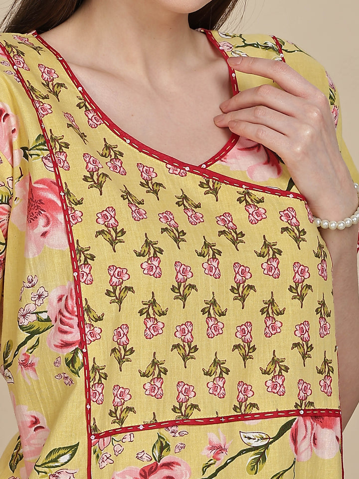 Floral Print Lemon Yellow Jaipuri Cotton Nighty Online