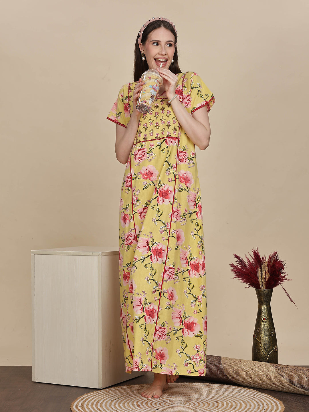 Floral Print Lemon Yellow Jaipuri Cotton Nighty Online