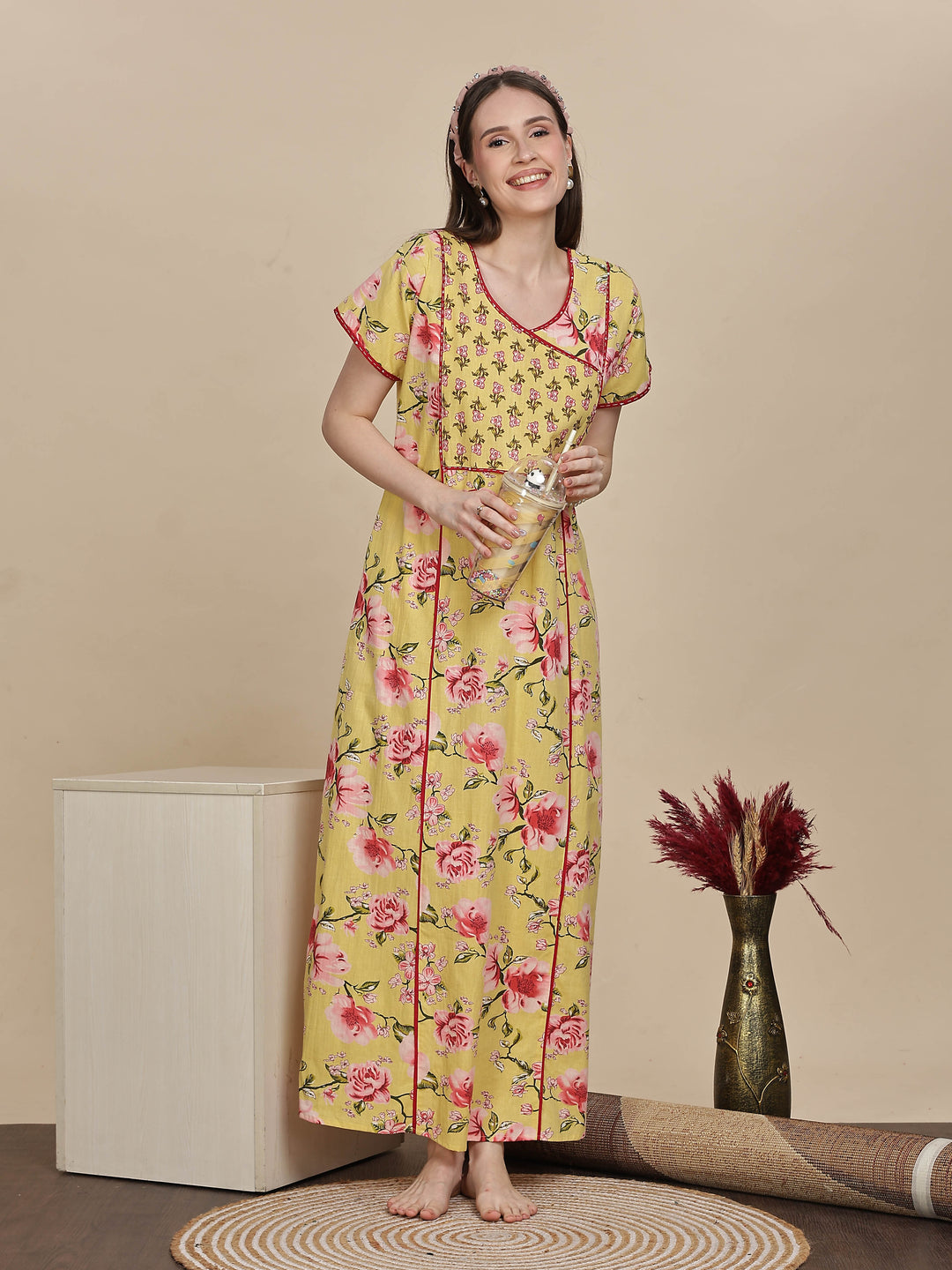 Floral Print Lemon Yellow Jaipuri Cotton Nighty Online