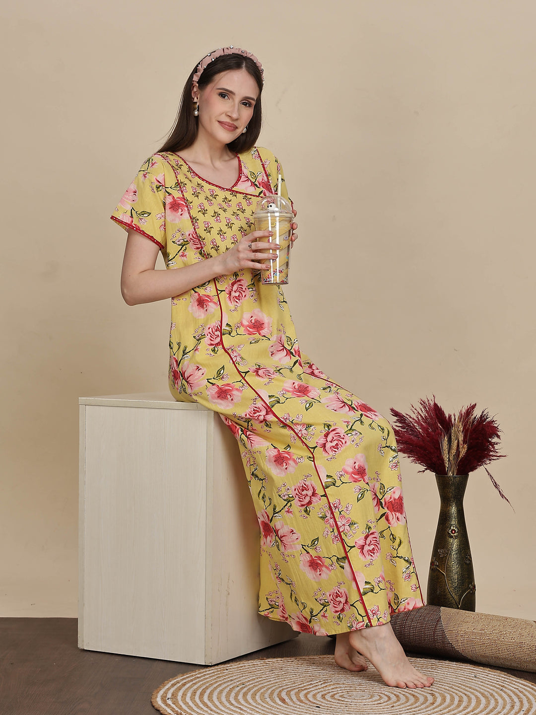 Floral Print Lemon Yellow Jaipuri Cotton Nighty Online