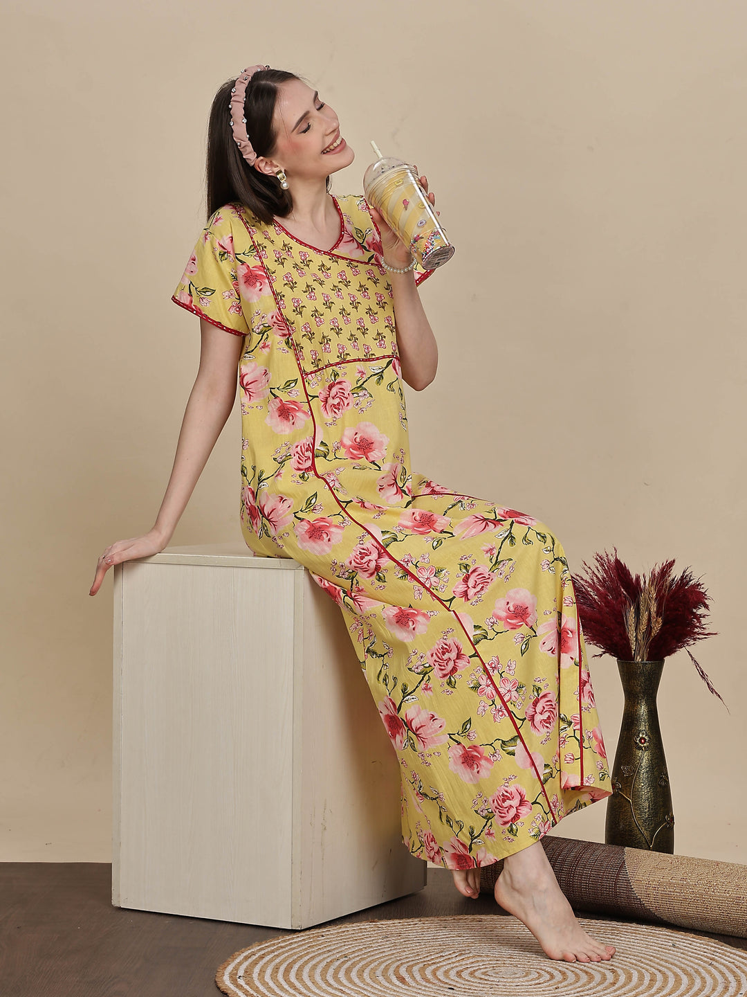 Floral Print Lemon Yellow Jaipuri Cotton Nighty Online