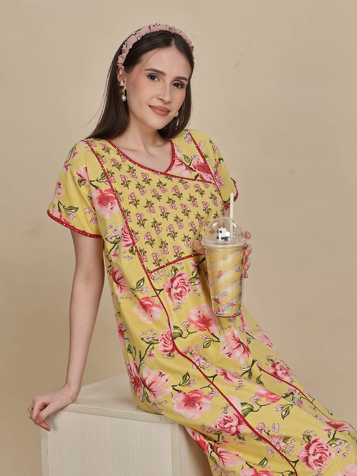 Floral Print Lemon Yellow Jaipuri Cotton Nighty Online