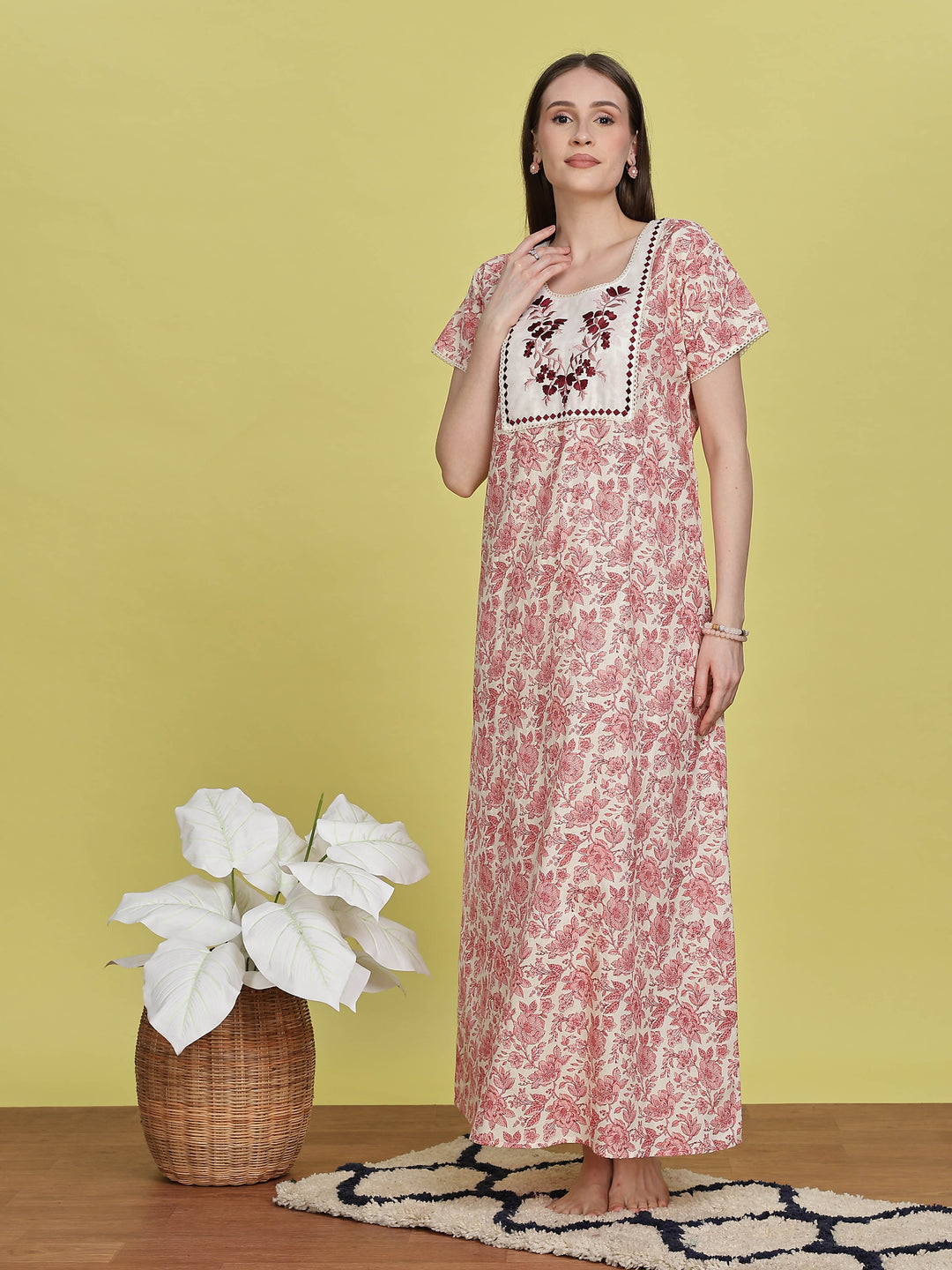 Floral Embroidered White and Red Cotton Nightdress for Women