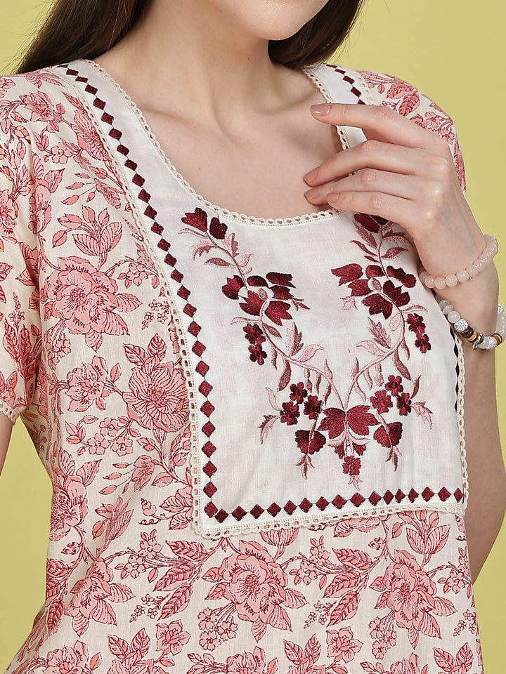 Floral Embroidered White and Red Cotton Nightdress for Women