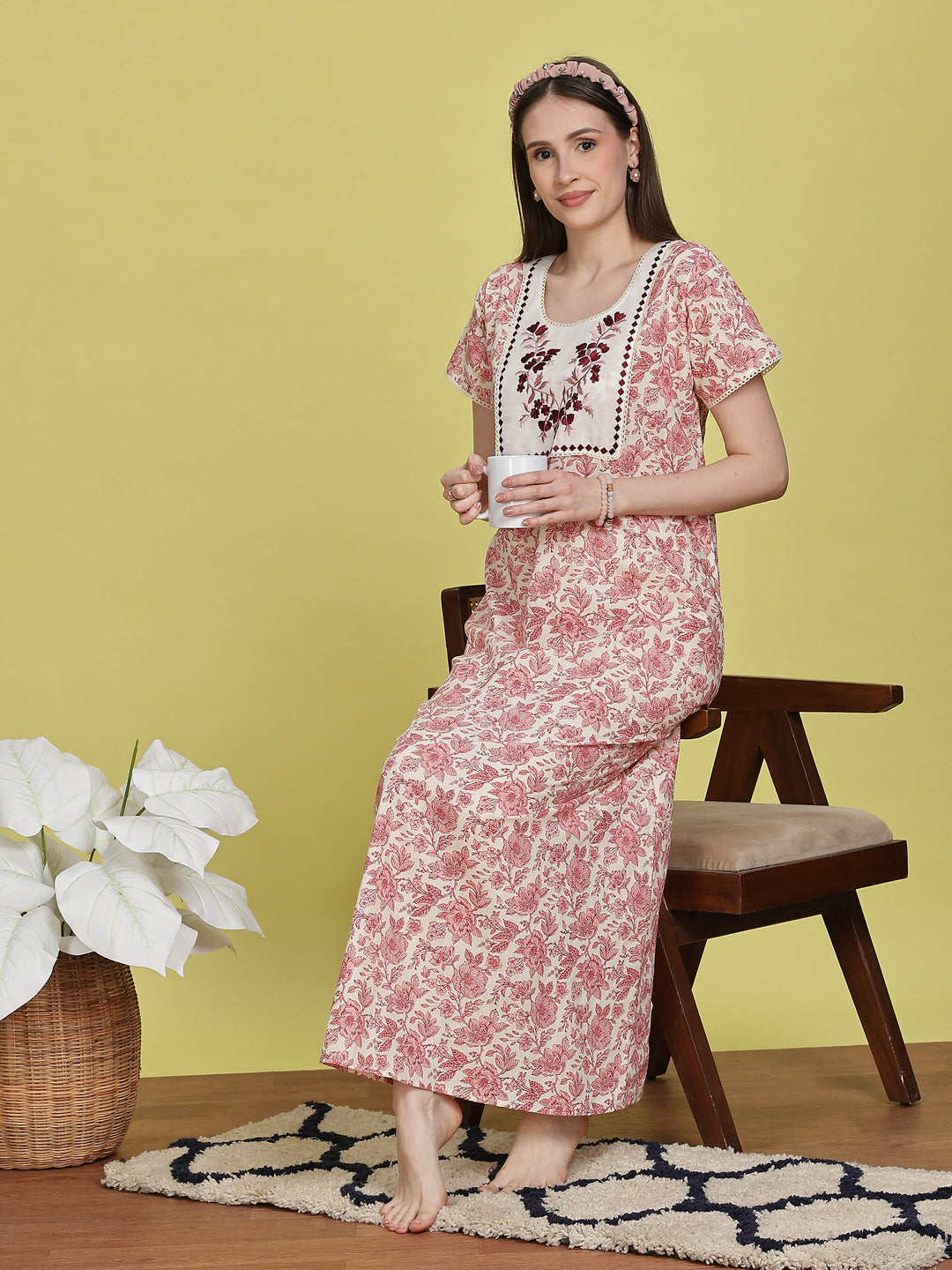 Floral Embroidered White and Red Cotton Nightdress for Women