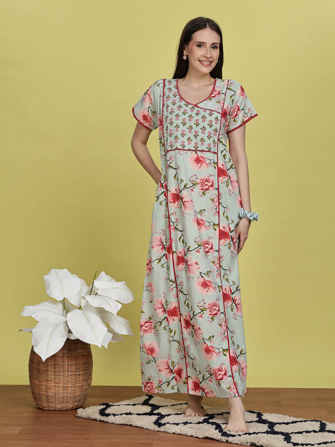 Pastel Green Floral Jaipuri Cotton Maxi Dress for Women