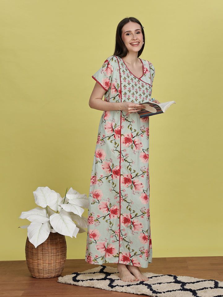 Pastel Green Floral Jaipuri Cotton Maxi Dress for Women