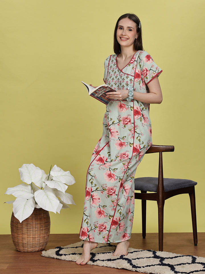 Pastel Green Floral Jaipuri Cotton Maxi Dress for Women