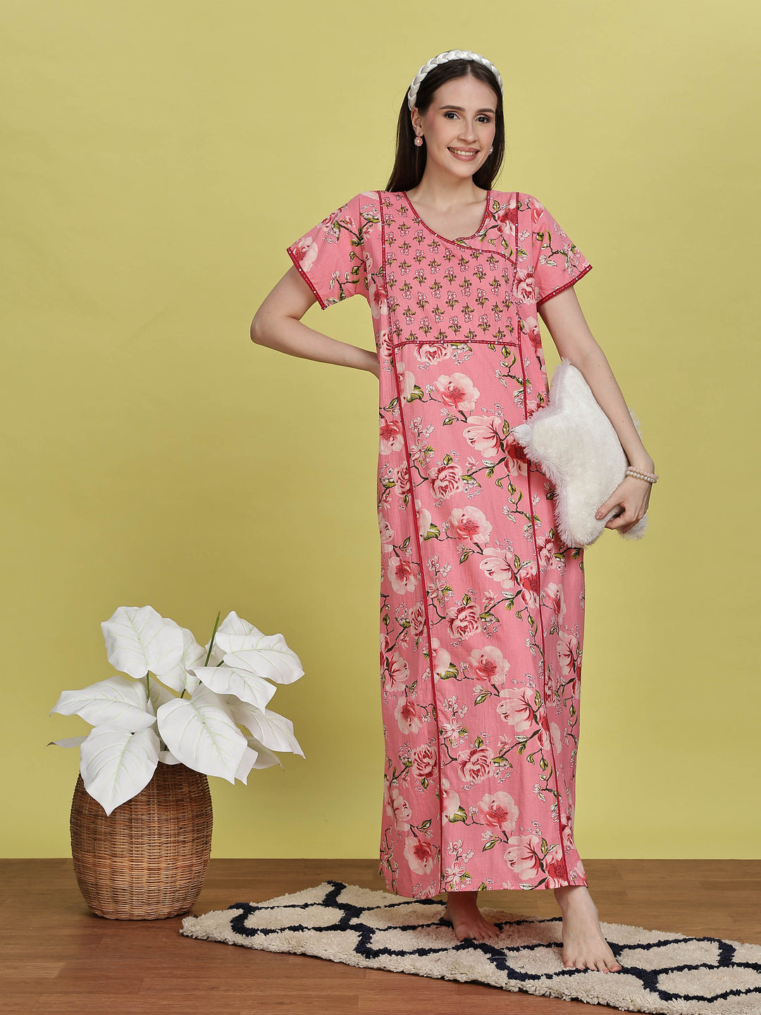 Salmon Pink Jaipuri Cotton Maxi dress with Floral Design