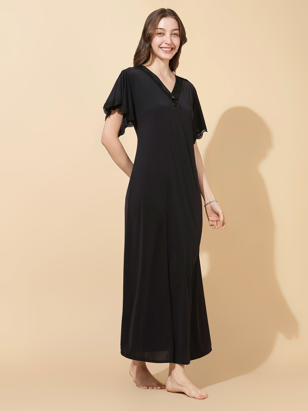 Black Modal Designer Nighty for Women Elegant A Line Night Dress