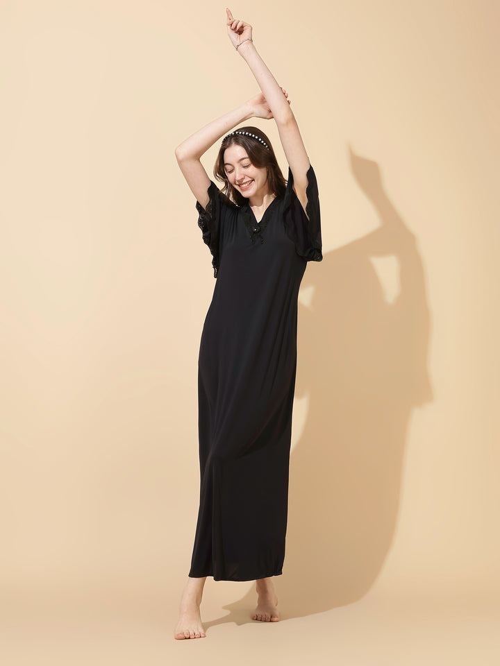 Black Modal Designer Nighty for Women Elegant A Line Night Dress