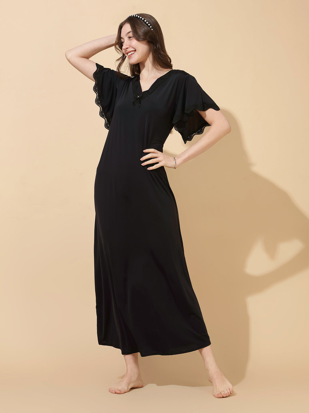 Black Modal Designer Nighty for Women Elegant A Line Night Dress
