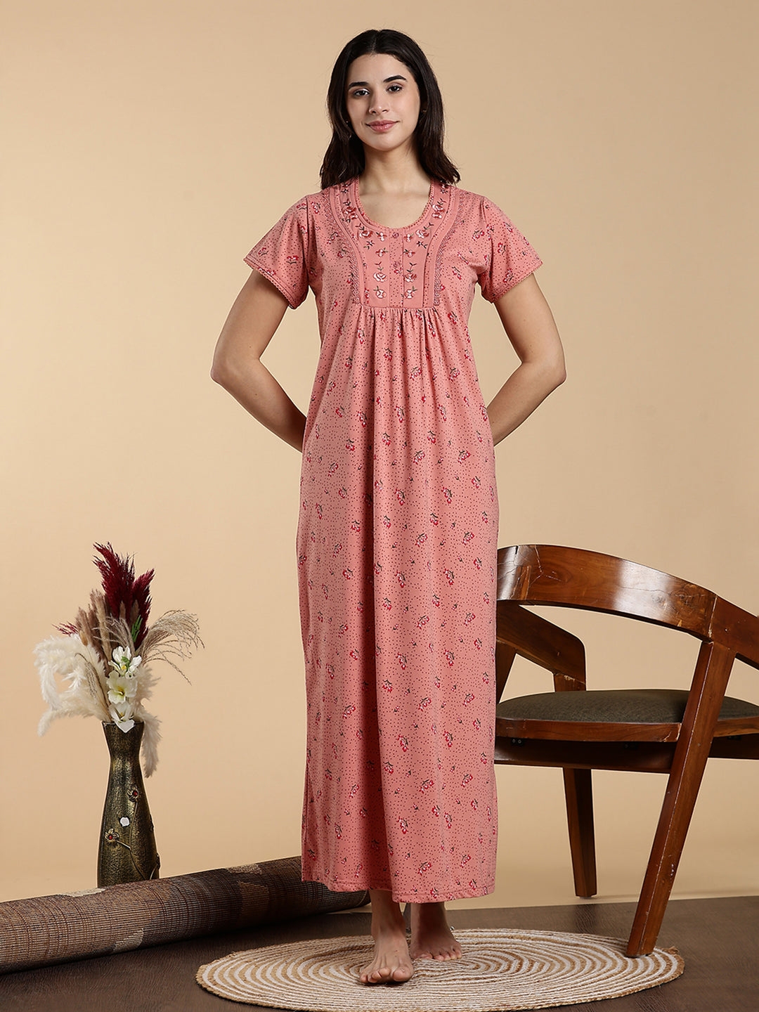 Soft Coral Peach Cotton Blend Designer Nighty for Women