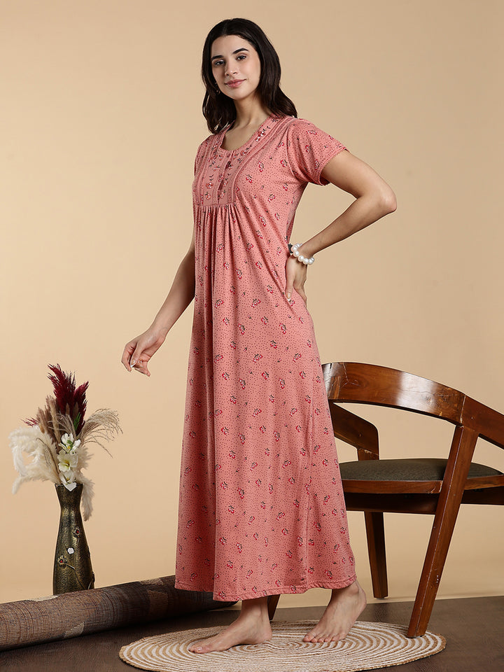 Soft Coral Peach Cotton Blend Designer Nighty for Women