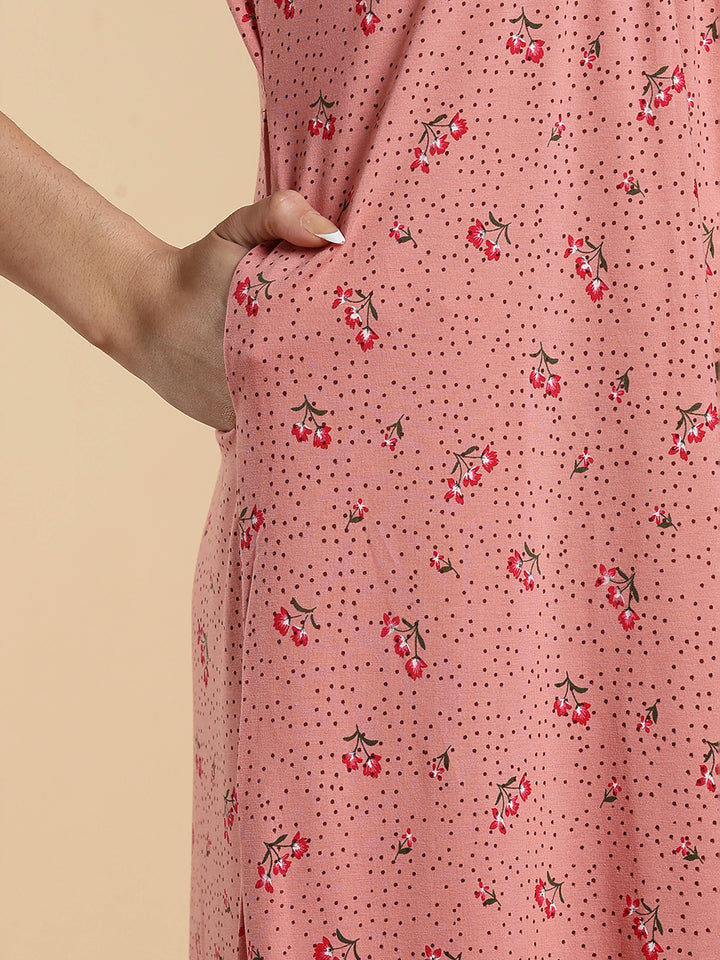 Soft Coral Peach Cotton Blend Designer Nighty for Women