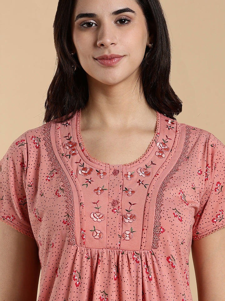 Soft Coral Peach Cotton Blend Designer Nighty for Women