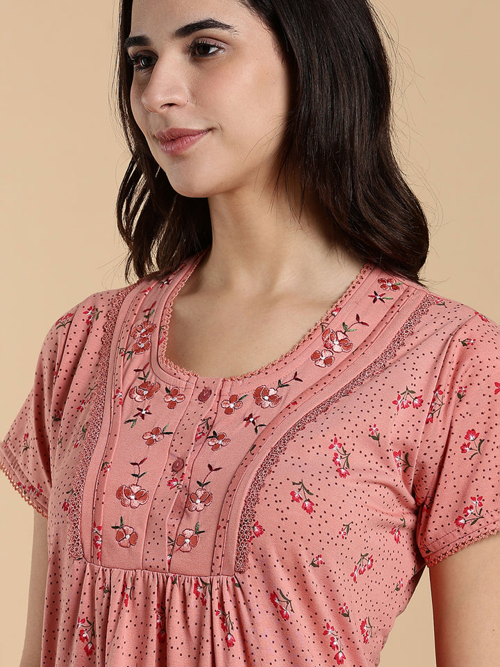 Soft Coral Peach Cotton Blend Designer Nighty for Women