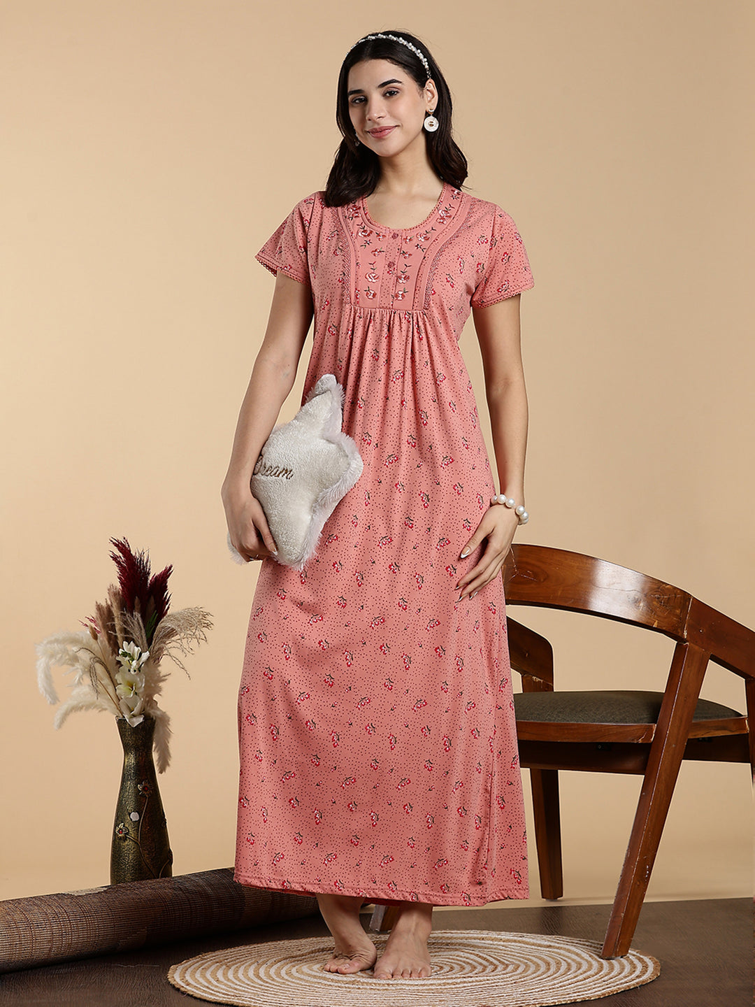 Soft Coral Peach Cotton Blend Designer Nighty for Women