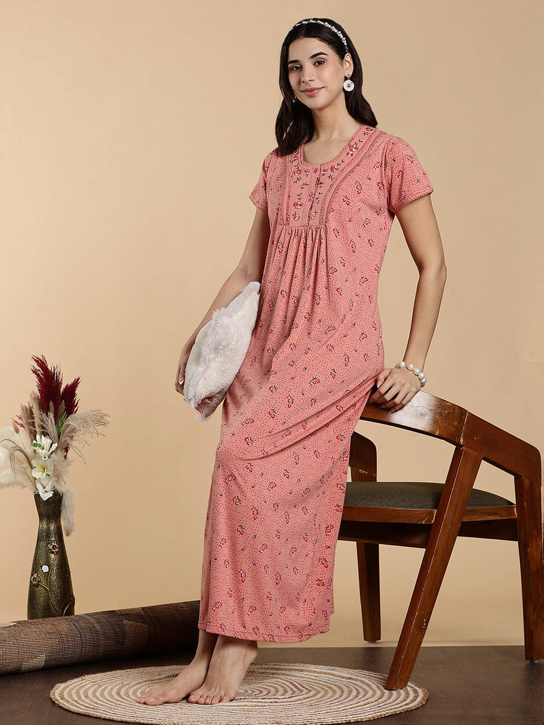 Soft Coral Peach Cotton Blend Designer Nighty for Women