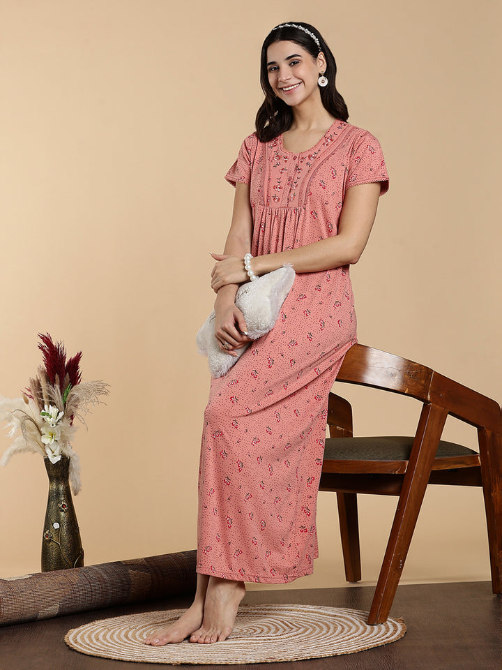 Soft Coral Peach Cotton Blend Designer Nighty for Women