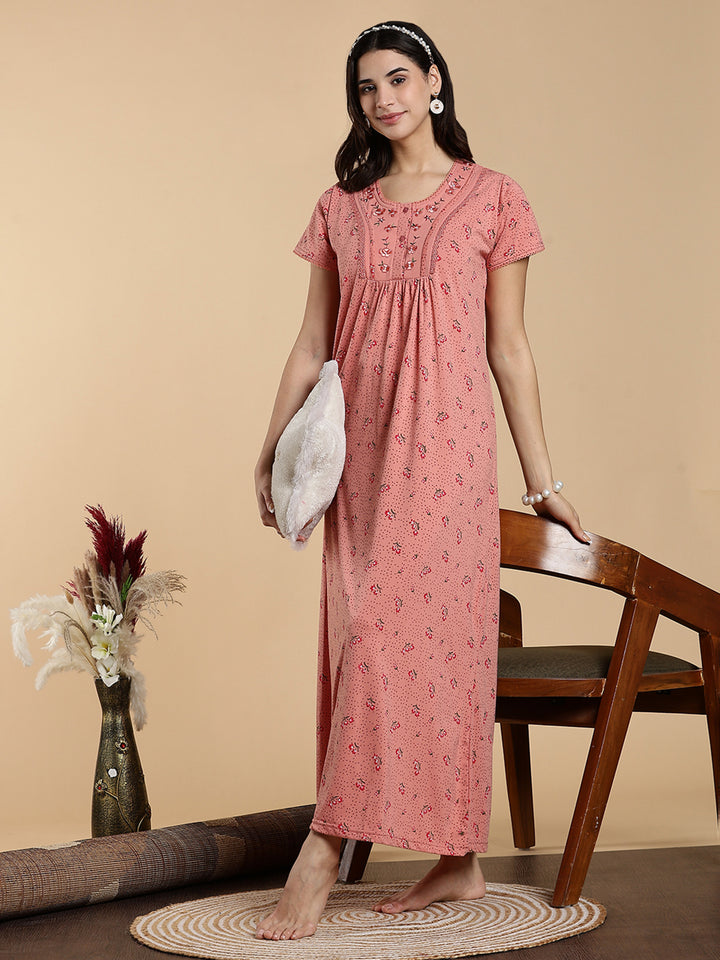 Soft Coral Peach Cotton Blend Designer Nighty for Women