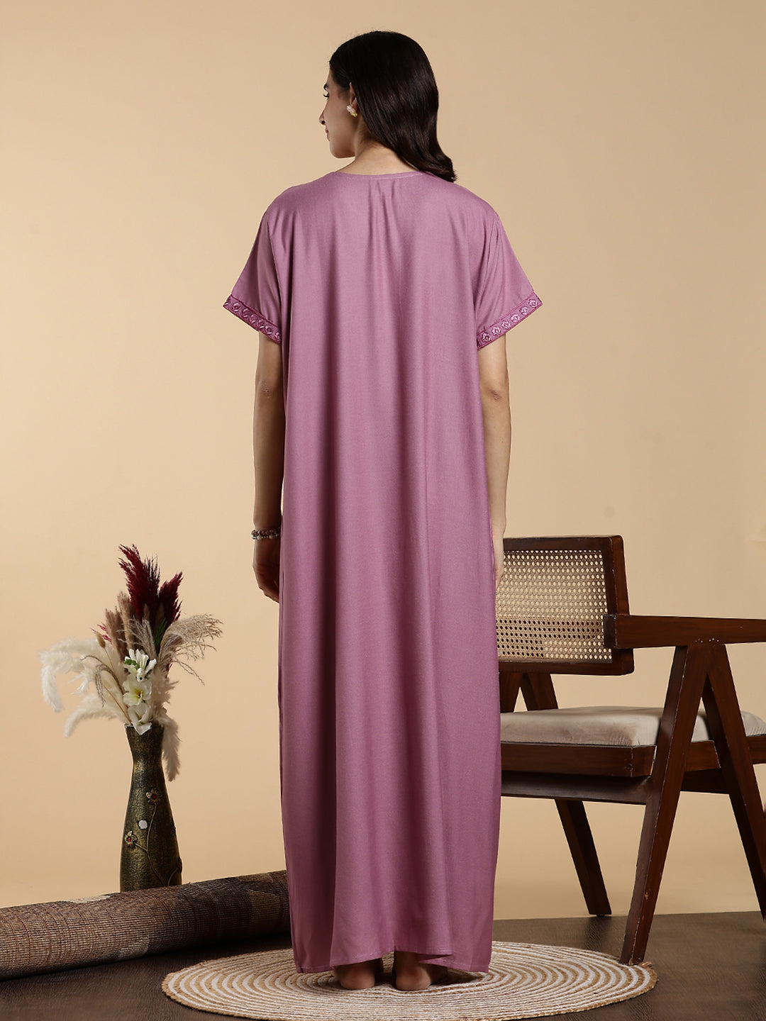 Sadabahar Onion Pink Embroidered Alpine Nighty with Soft Alpine Fabric