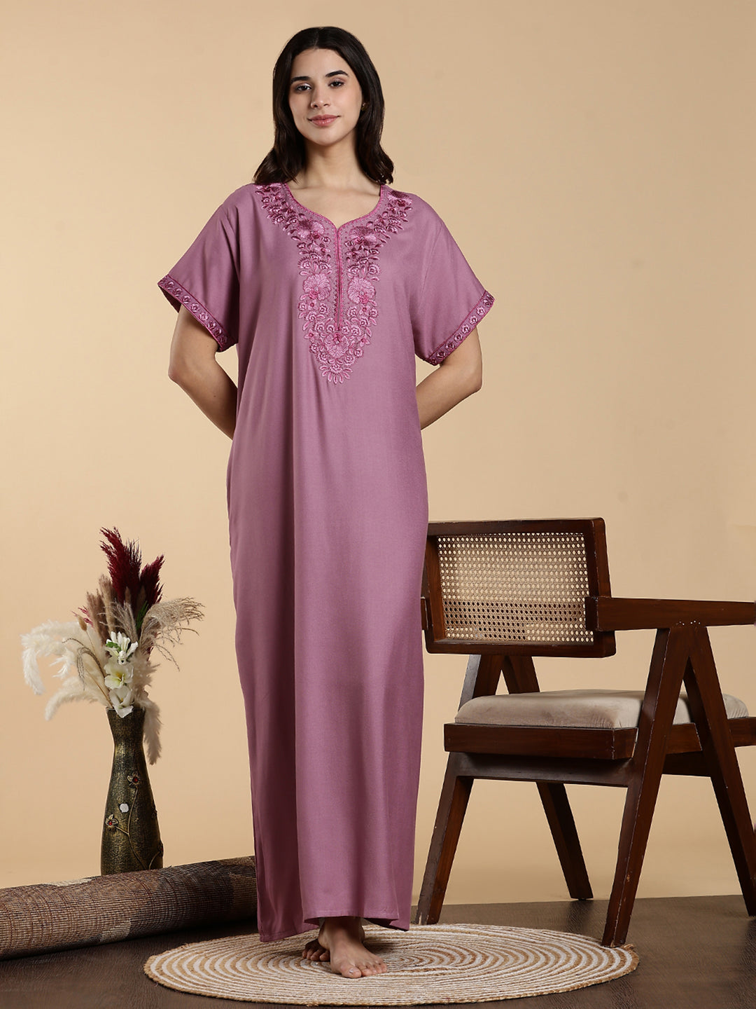 Sadabahar Onion Pink Embroidered Alpine Nighty with Soft Alpine Fabric