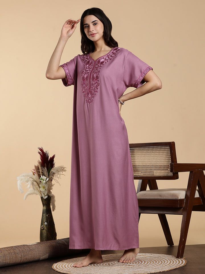 Sadabahar Onion Pink Embroidered Alpine Nighty with Soft Alpine Fabric