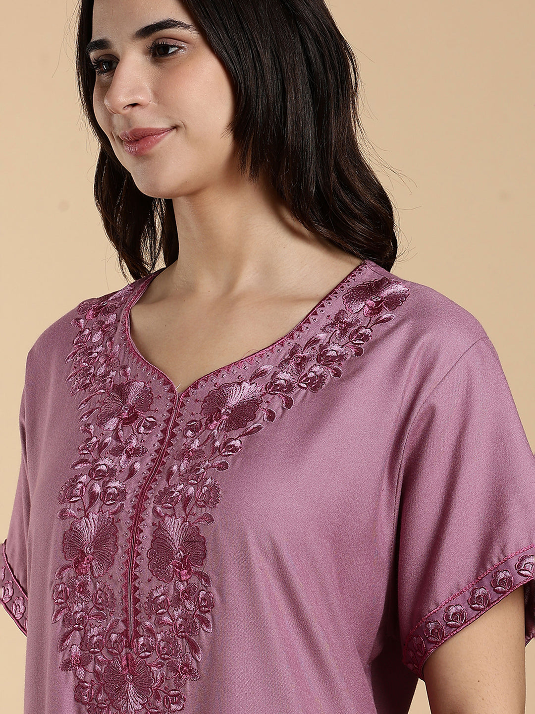 Sadabahar Onion Pink Embroidered Alpine Nighty with Soft Alpine Fabric