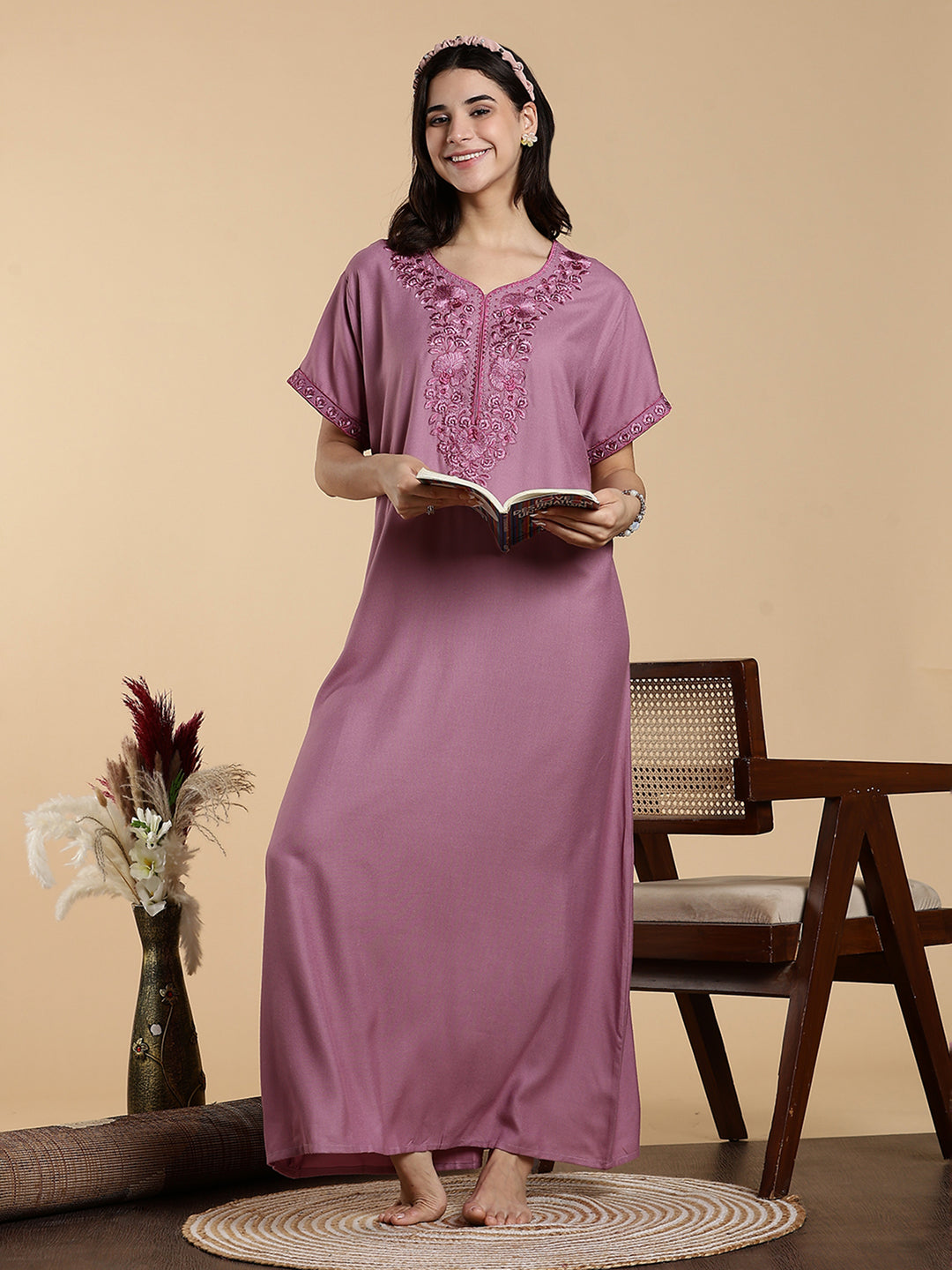 Sadabahar Onion Pink Embroidered Alpine Nighty with Soft Alpine Fabric