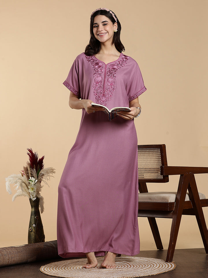 Sadabahar Onion Pink Embroidered Alpine Nighty with Soft Alpine Fabric