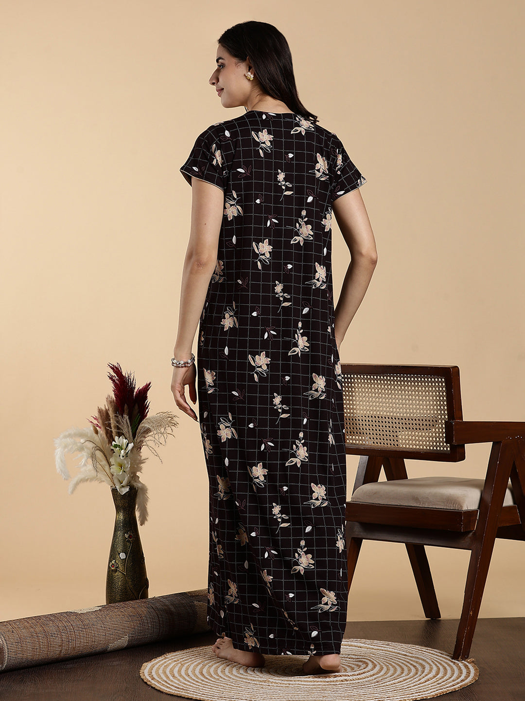 Hosiery Cotton Floral Checkered Designer Nighty for Women in Brown