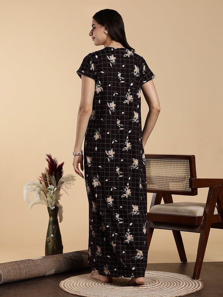 Hosiery Cotton Floral Checkered Designer Nighty for Women in Brown
