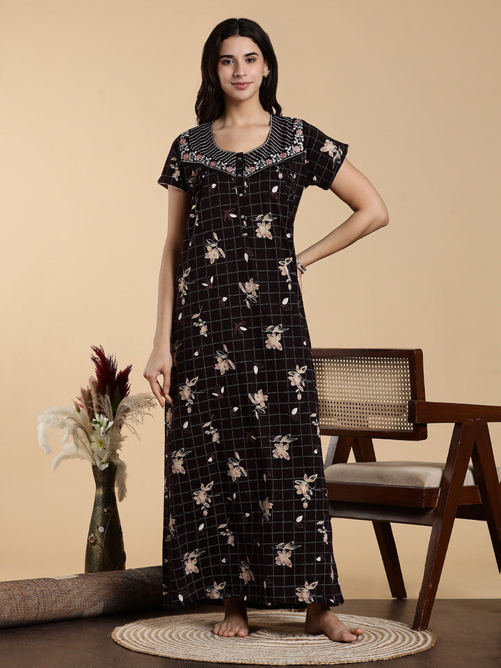 Hosiery Cotton Floral Checkered Designer Nighty for Women in Brown