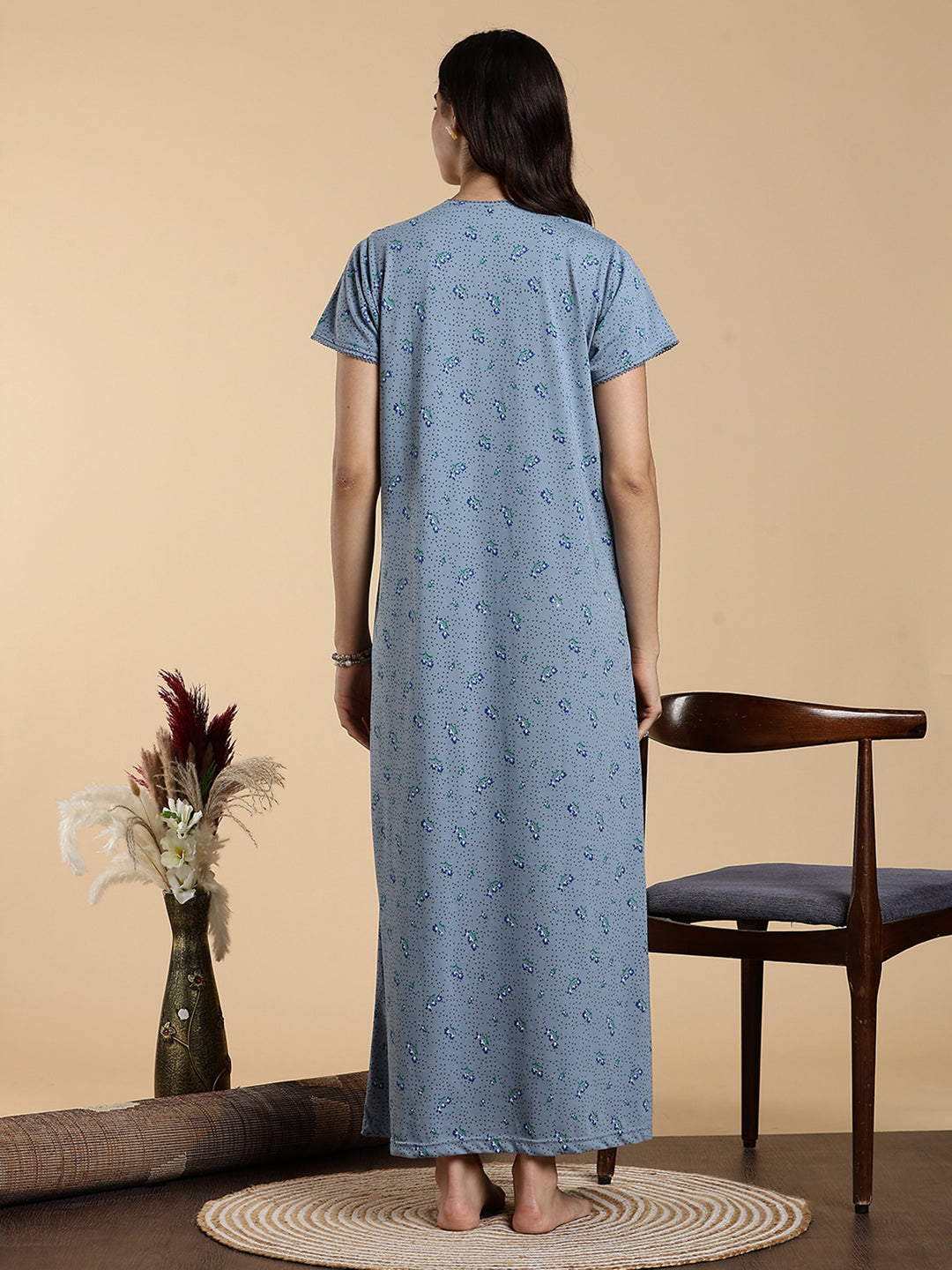 Misty Slate Cotton Blend Designer Nighty for Women Elegant Floral