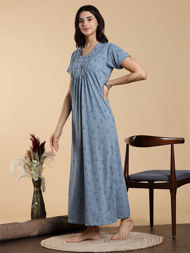 Misty Slate Cotton Blend Designer Nighty for Women Elegant Floral