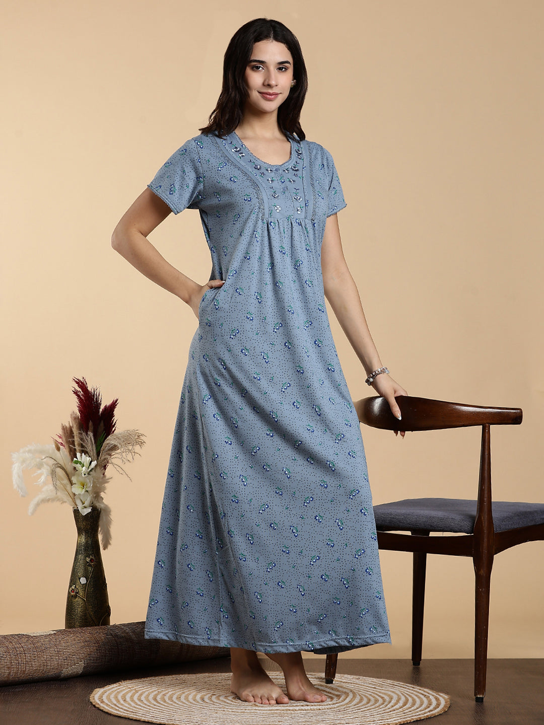 Misty Slate Cotton Blend Designer Nighty for Women Elegant Floral