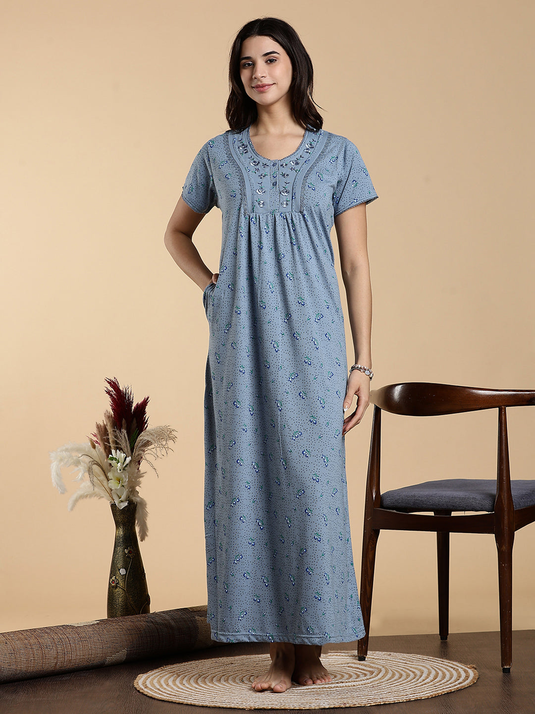 Misty Slate Cotton Blend Designer Nighty for Women Elegant Floral