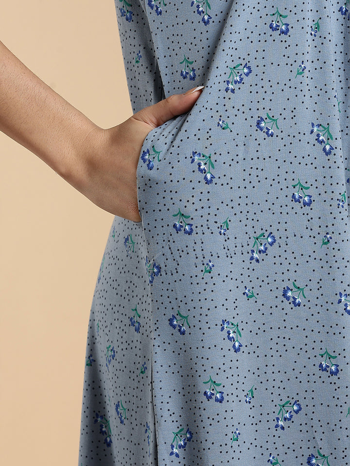Misty Slate Cotton Blend Designer Nighty for Women Elegant Floral