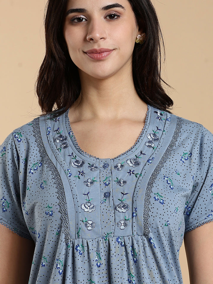 Misty Slate Cotton Blend Designer Nighty for Women Elegant Floral