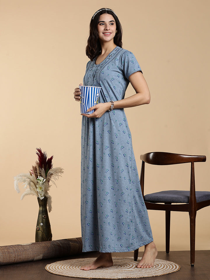 Misty Slate Cotton Blend Designer Nighty for Women Elegant Floral