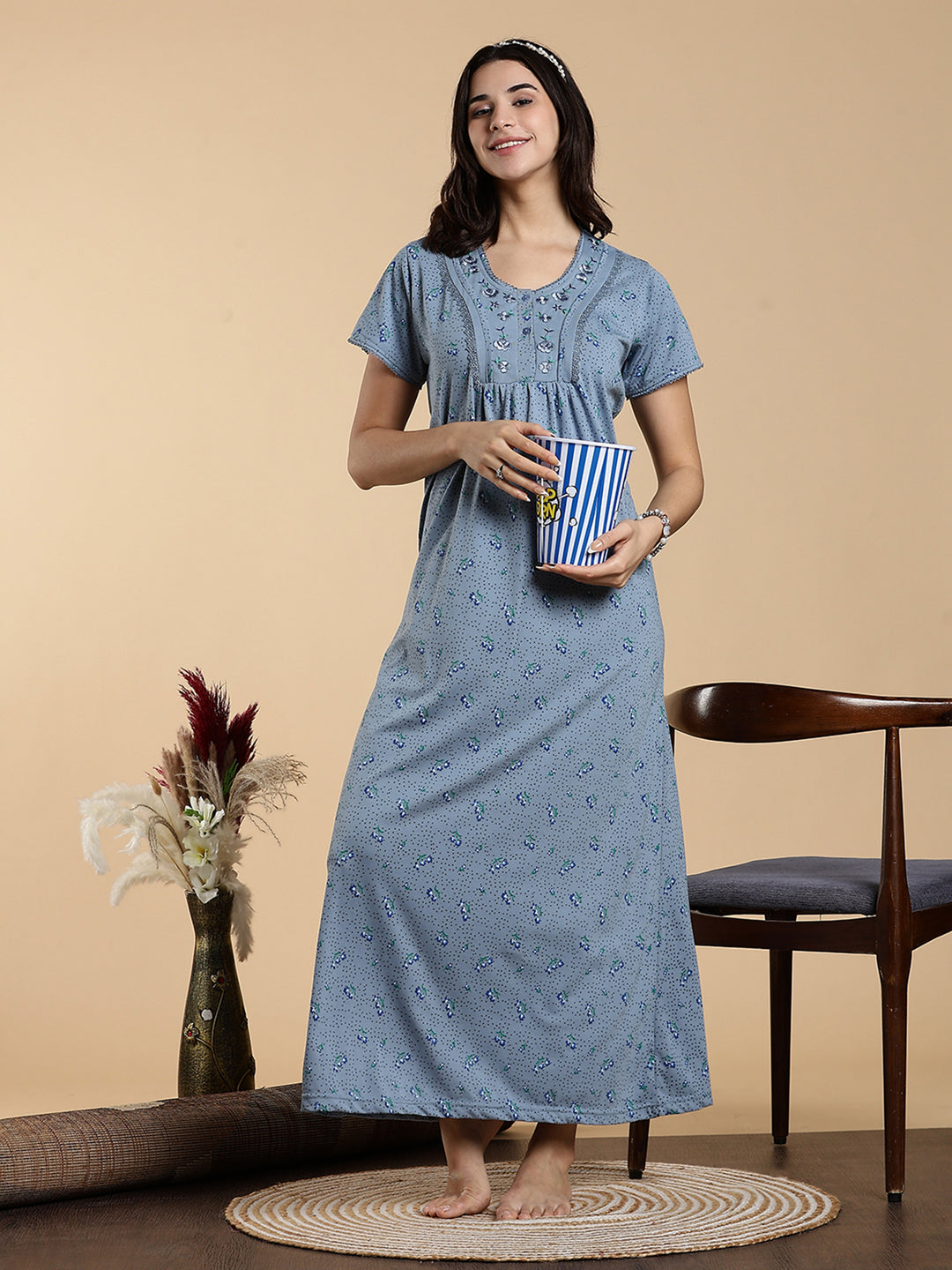 Misty Slate Cotton Blend Designer Nighty for Women Elegant Floral