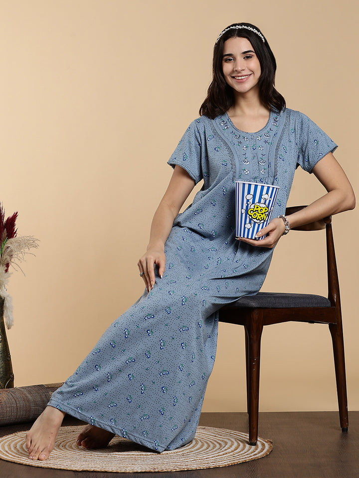 Misty Slate Cotton Blend Designer Nighty for Women Elegant Floral