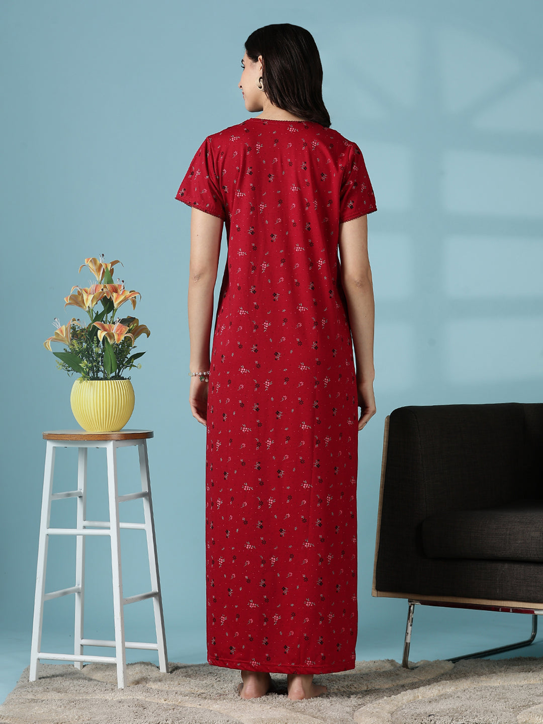 Deep Red Cotton Blend Designer Nighty for Women with Embroidery
