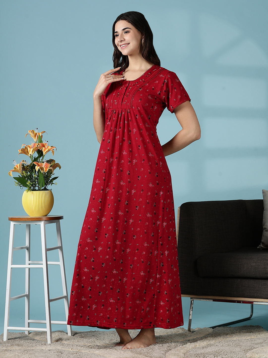 Deep Red Cotton Blend Designer Nighty for Women with Embroidery