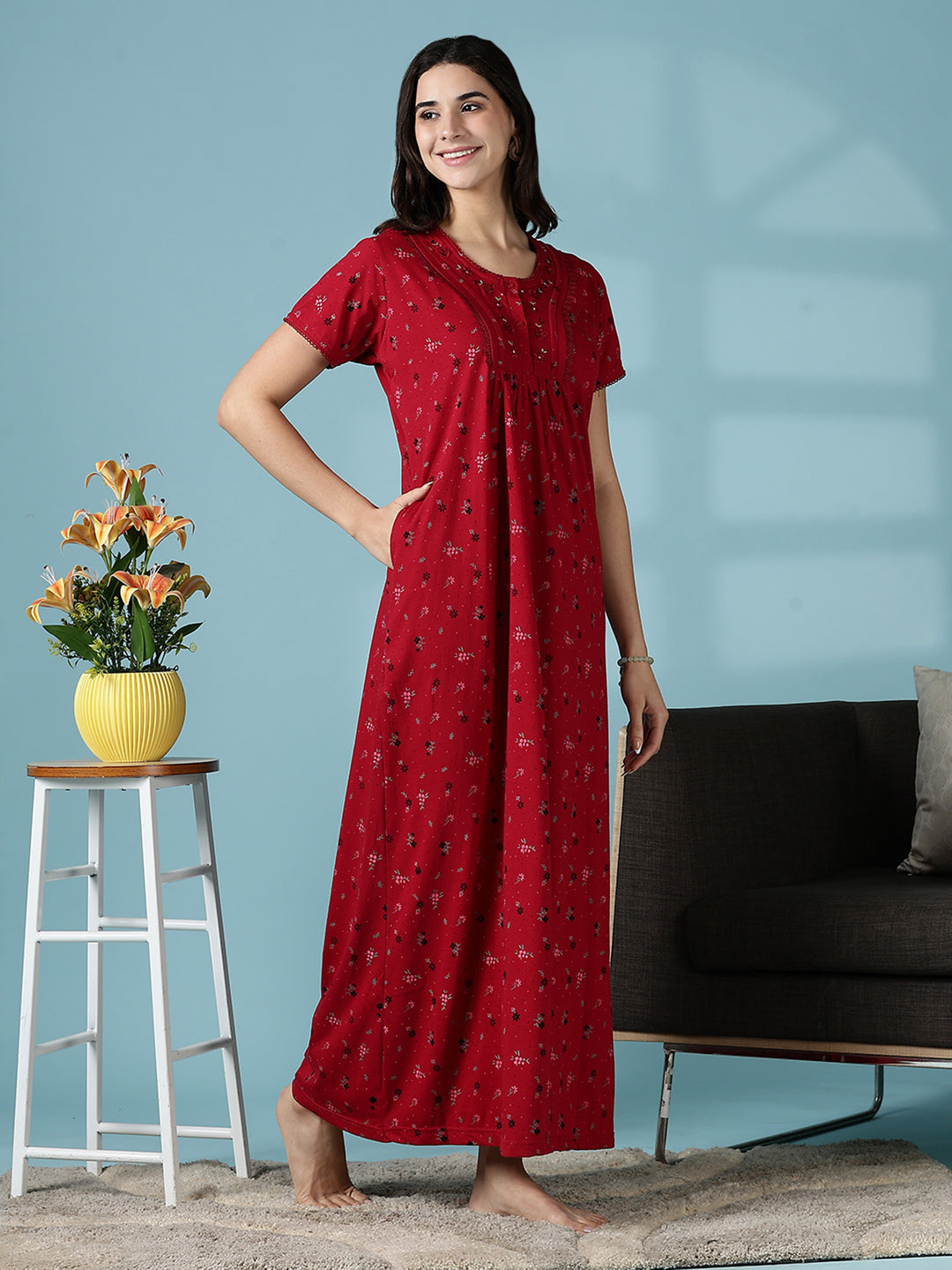 Deep Red Cotton Blend Designer Nighty for Women with Embroidery