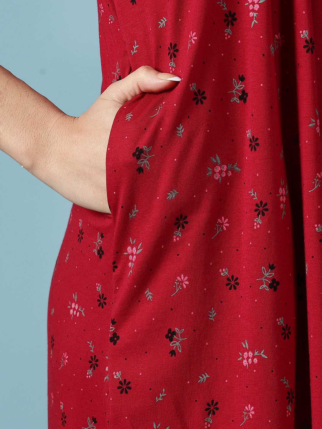 Deep Red Cotton Blend Designer Nighty for Women with Embroidery