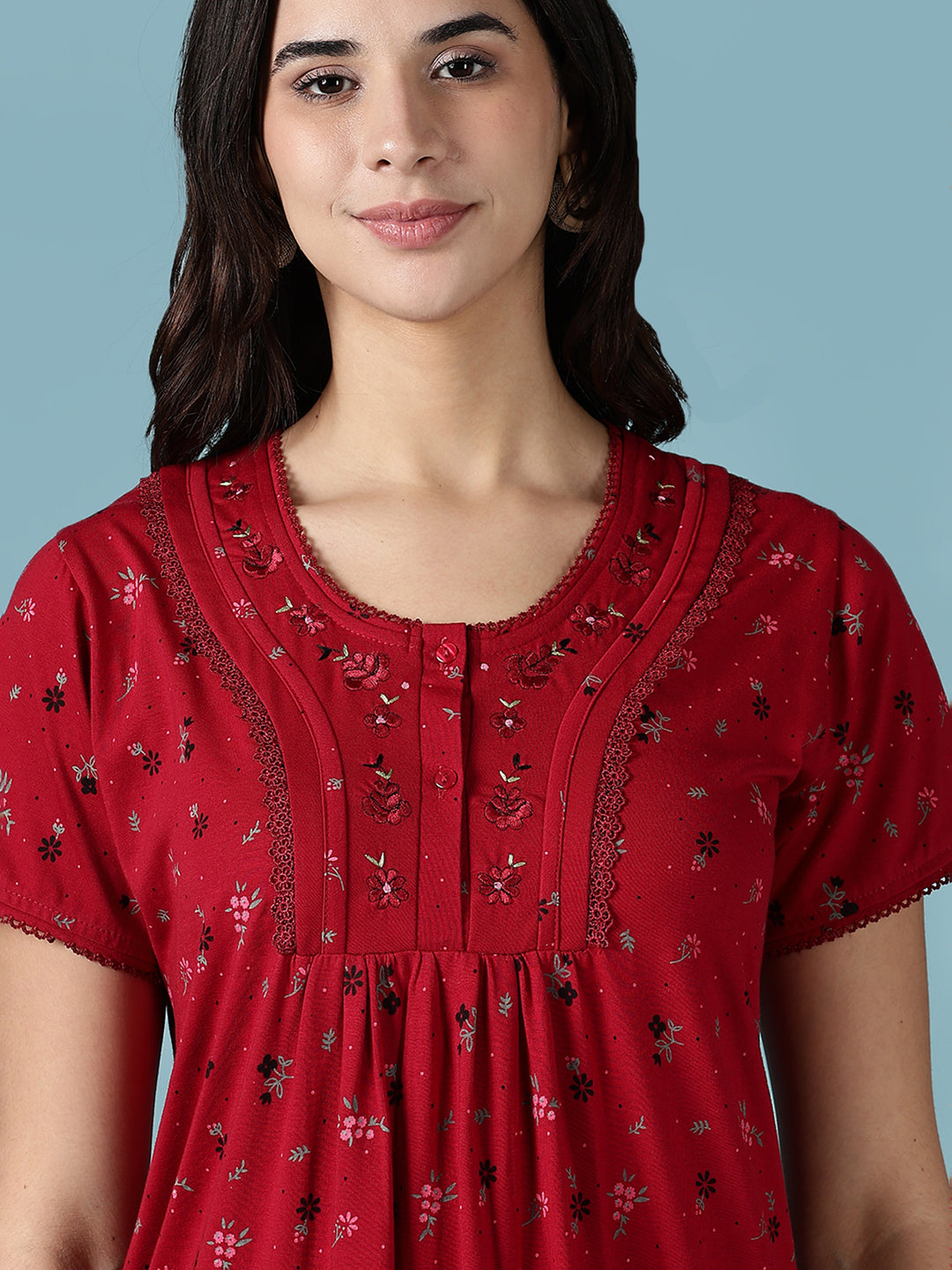 Deep Red Cotton Blend Designer Nighty for Women with Embroidery