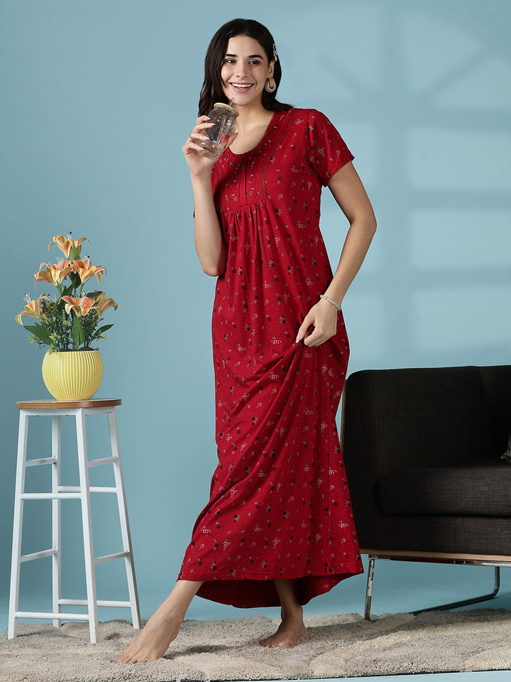 Deep Red Cotton Blend Designer Nighty for Women with Embroidery