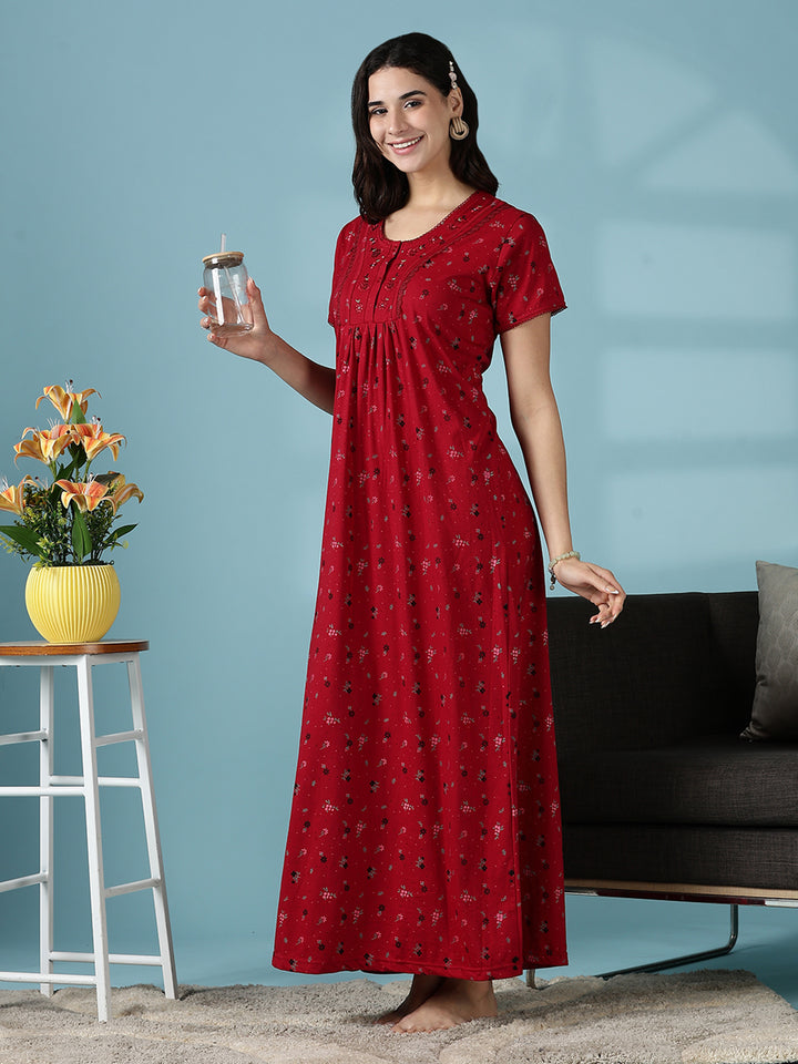Deep Red Cotton Blend Designer Nighty for Women with Embroidery